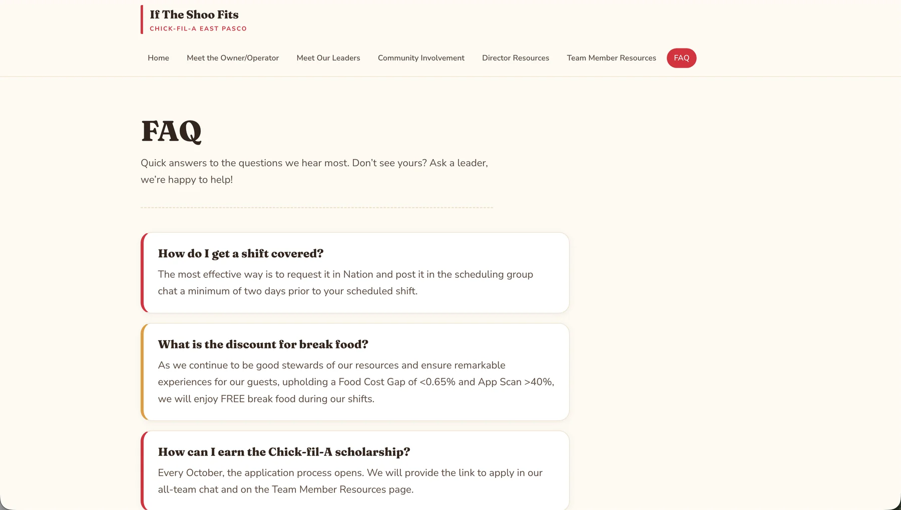 If the Shoo Fits frequently asked questions page for team members