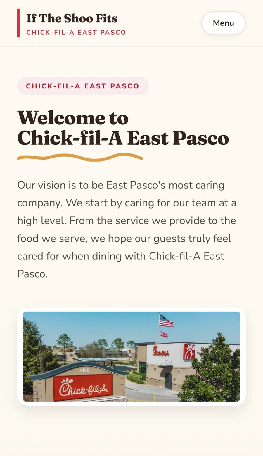 If the Shoo Fits mobile home page for Chick-fil-A East Pasco team members