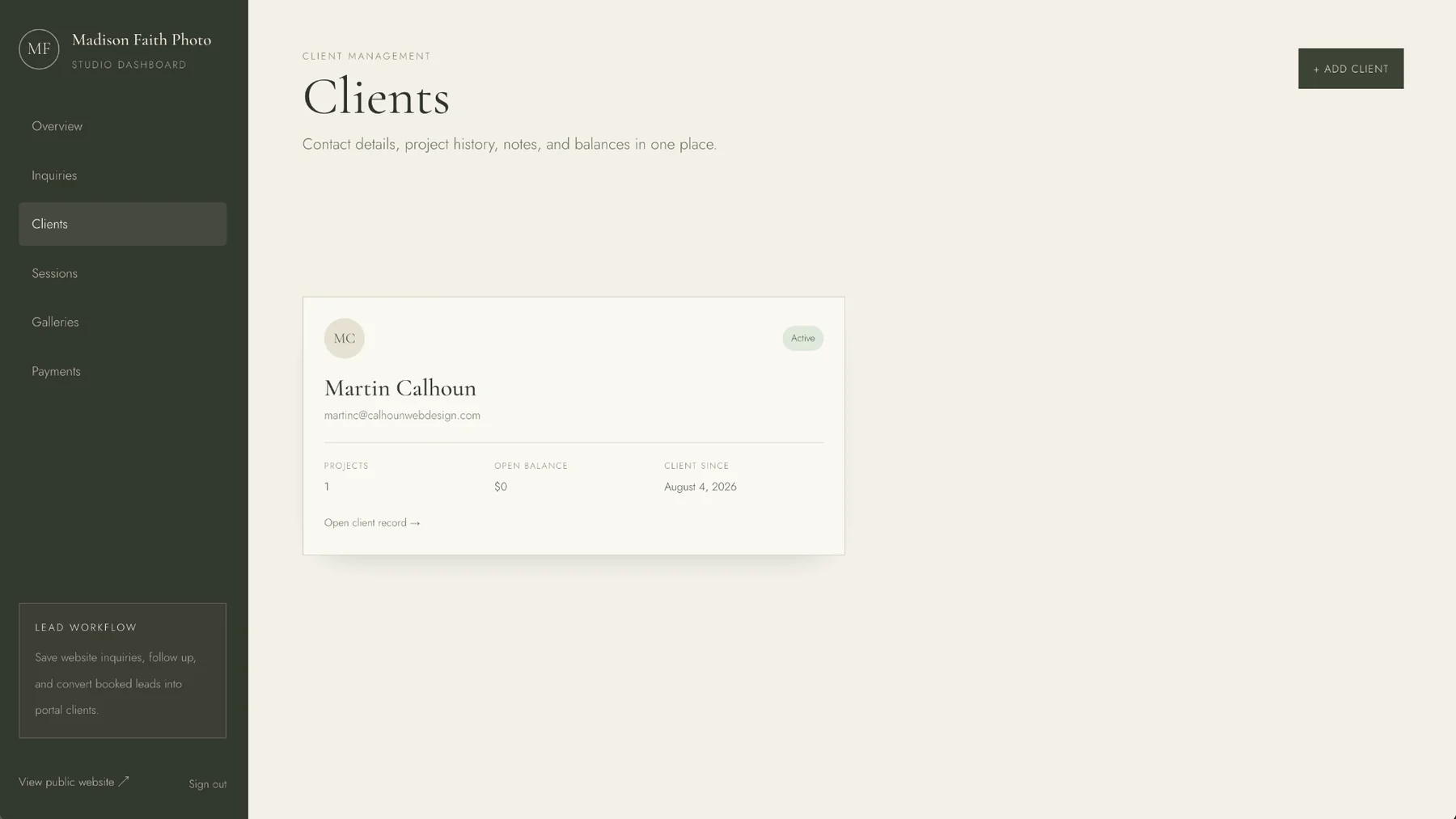 Madison Faith Photo admin client management view showing a client record summary