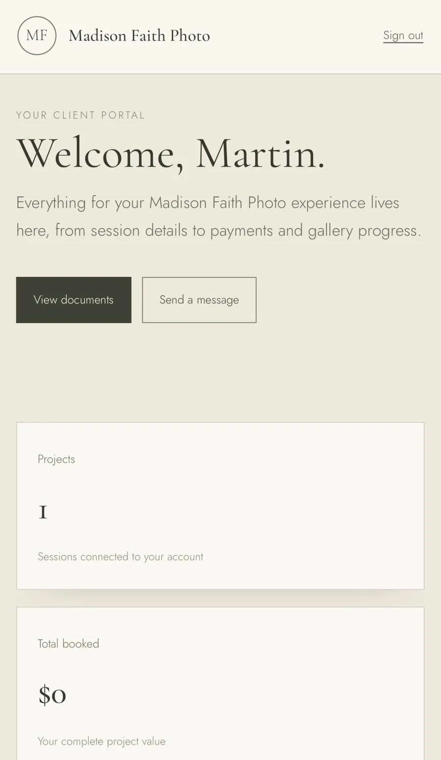 Madison Faith Photo mobile client portal showing project and payment summaries