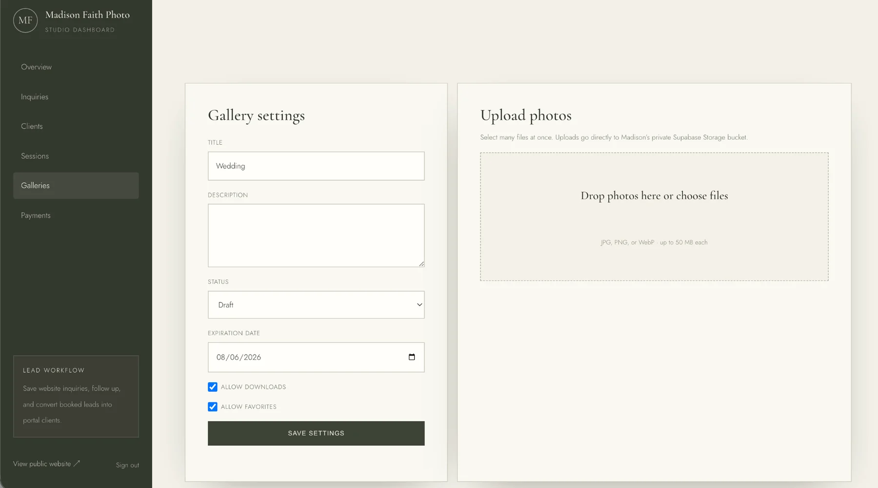 Madison Faith Photo admin gallery settings and direct photo upload screen